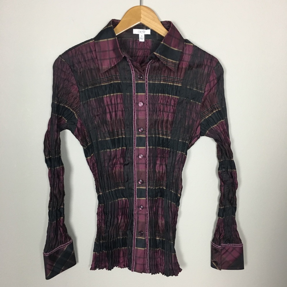 Cache Plaid Stretch Crinkle Button Down Shirt Sma… - image 7